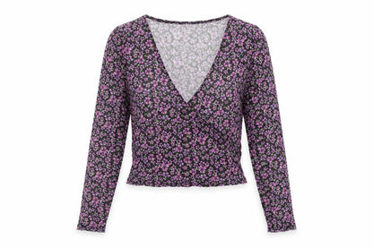 Topshop Womens Black Floral Polyester Basic T-Shirt Size 12 V-Neck