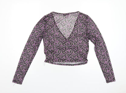 Topshop Womens Black Floral Polyester Basic T-Shirt Size 12 V-Neck