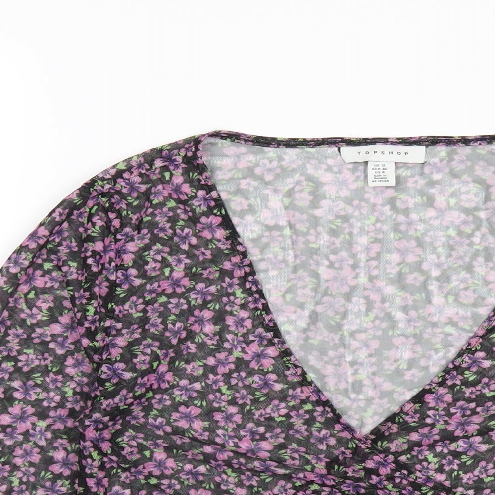 Topshop Womens Black Floral Polyester Basic T-Shirt Size 12 V-Neck