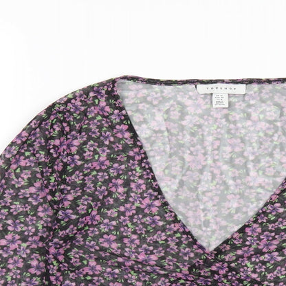 Topshop Womens Black Floral Polyester Basic T-Shirt Size 12 V-Neck