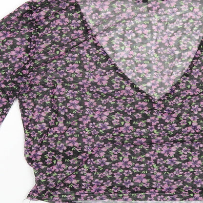Topshop Womens Black Floral Polyester Basic T-Shirt Size 12 V-Neck