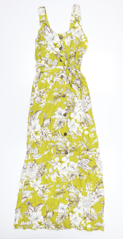 Monteau Womens Green Floral Viscose A-Line Size S V-Neck Button