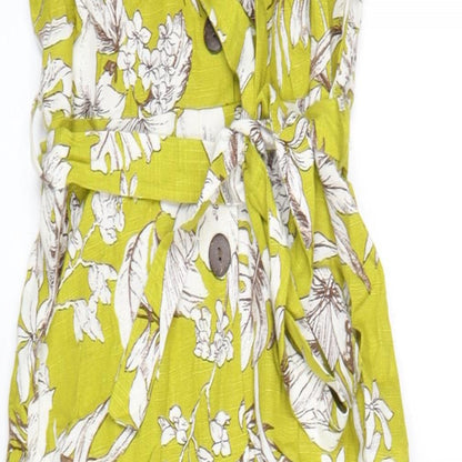 Monteau Womens Green Floral Viscose A-Line Size S V-Neck Button