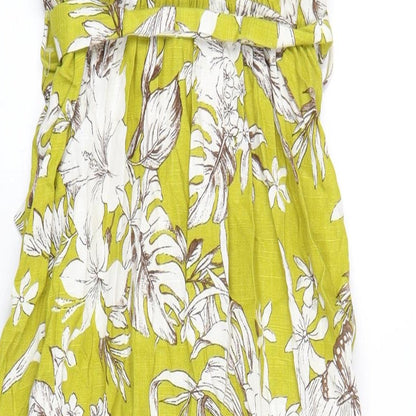 Monteau Womens Green Floral Viscose A-Line Size S V-Neck Button