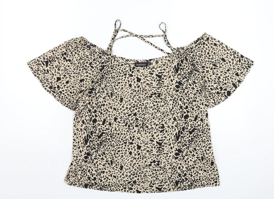 Boohoo Womens Beige Geometric Polyester Basic T-Shirt Size 12 Scoop Neck