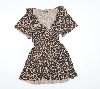 Boohoo Womens Brown Animal Print Polyester A-Line Size 12 V-Neck Pullover