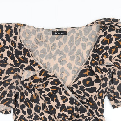 Boohoo Womens Brown Animal Print Polyester A-Line Size 12 V-Neck Pullover