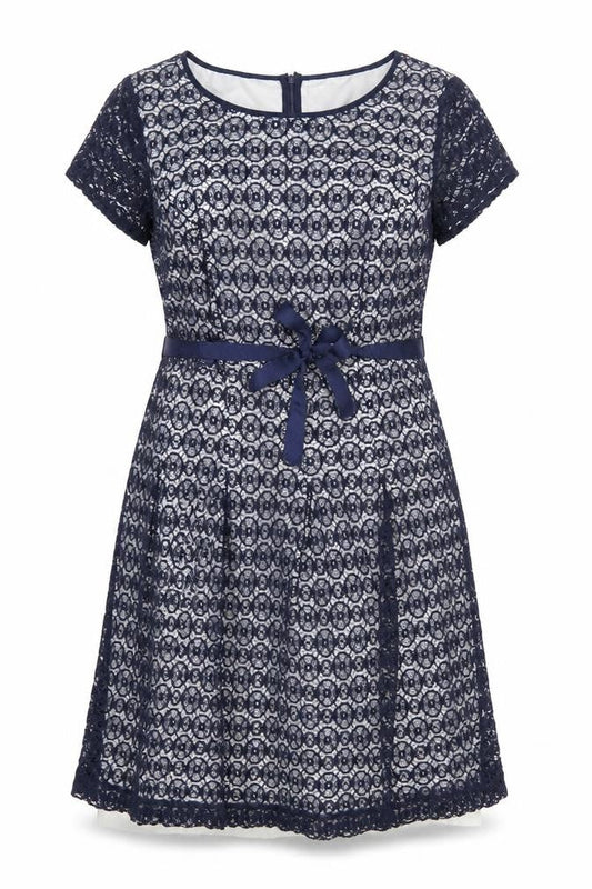 Front view of Betty Jackson women’s blue cotton a-line, size UK 20, round neck zip