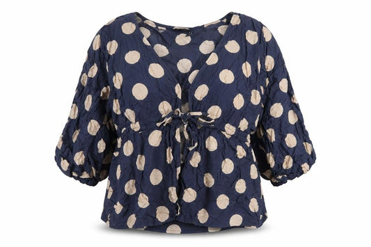 Front view of ASOS women’s blue polka dot cotton basic t-shirt, size UK 16, v-neck