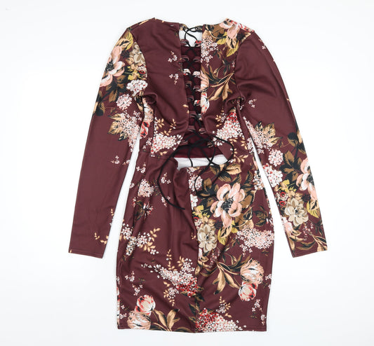 Missguided Womens Brown Floral Polyester Bodycon Size 12 Round Neck Pullover