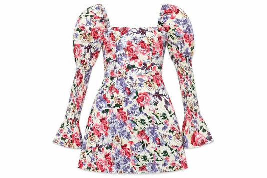 Front view of Missguided women’s multicoloured floral cotton a-line, size UK 10, square neck zip