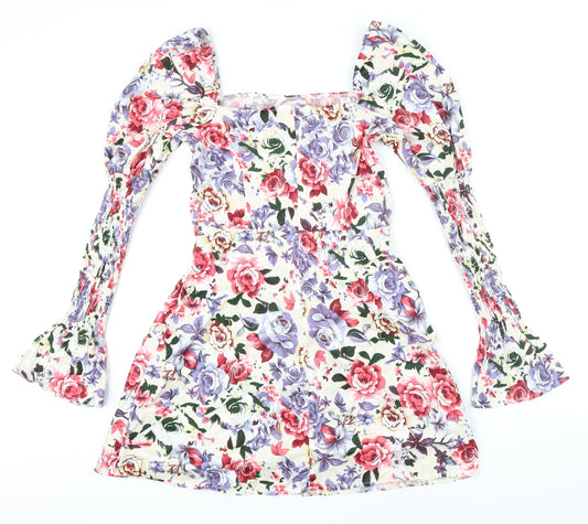 Missguided Womens Multicoloured Floral Cotton A-Line Size 10 Square Neck Zip