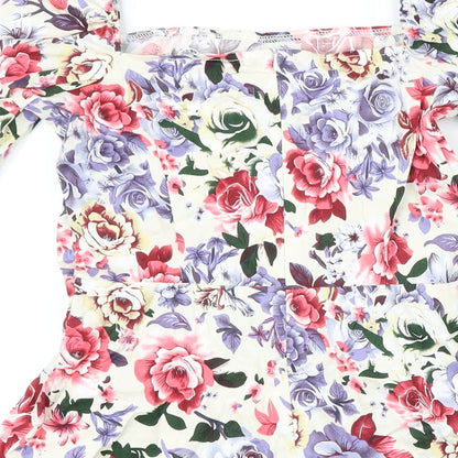 Missguided Womens Multicoloured Floral Cotton A-Line Size 10 Square Neck Zip