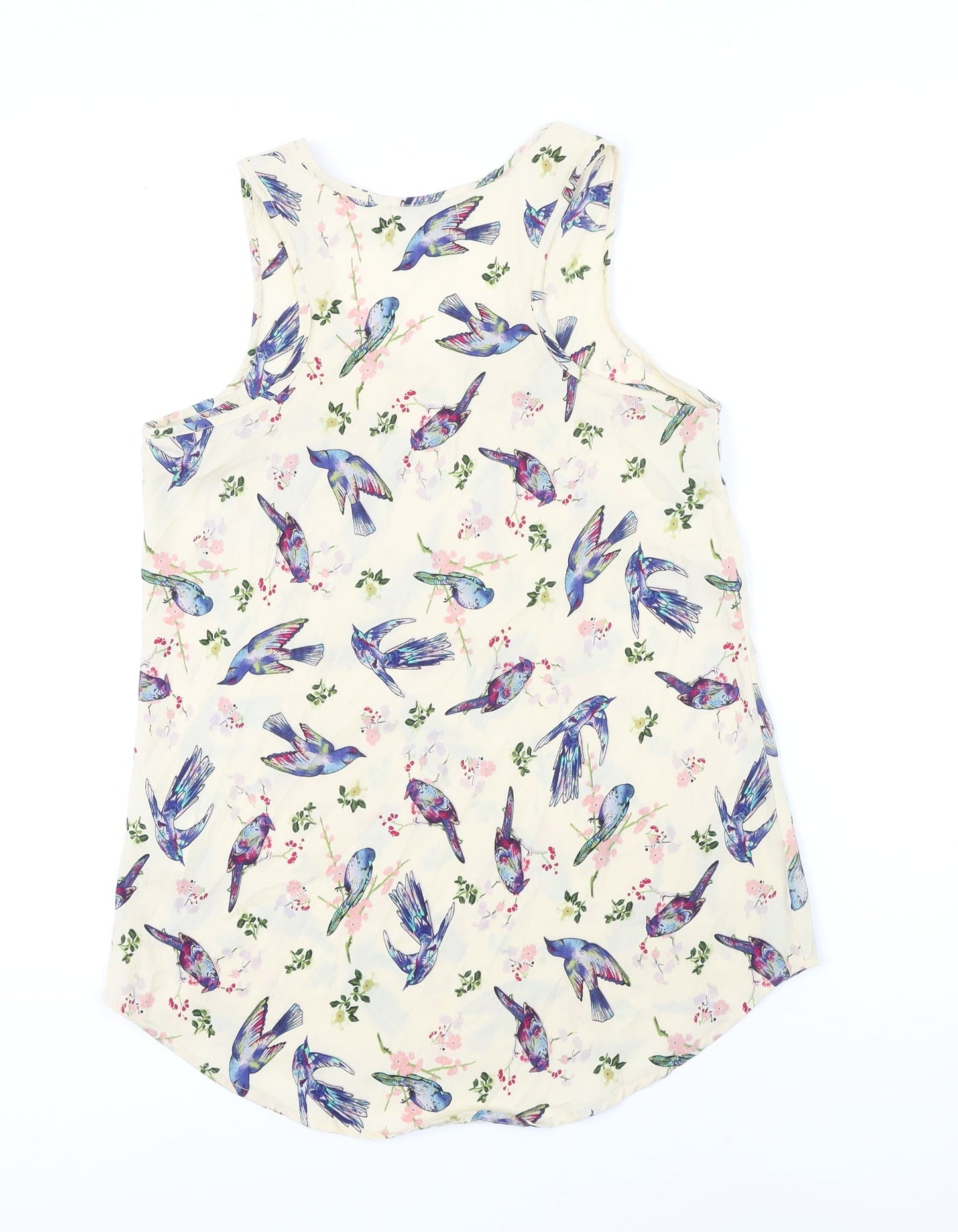 Anmoi Womens Beige Floral Polyester Tunic Blouse Size 8 Round Neck - Birds