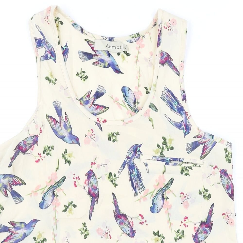 Anmoi Womens Beige Floral Polyester Tunic Blouse Size 8 Round Neck - Birds