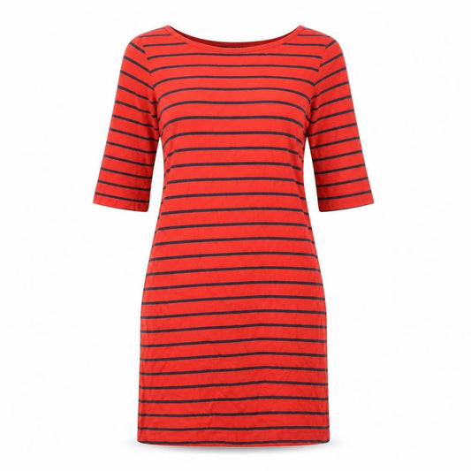 Front view of French Connection women’s red striped 100% cotton t-shirt dress, size UK 8, boat neck