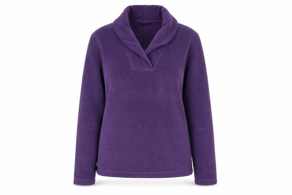 Front view of Landsend women’s purple polyester pullover sweatshirt, size M, pullover