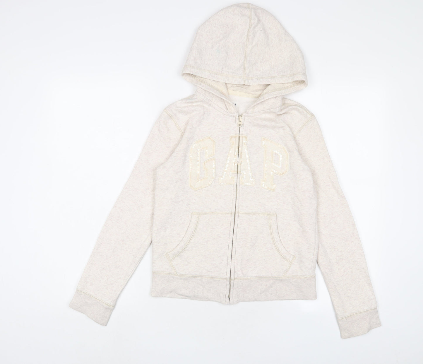 Gap Girls Beige Cotton Full Zip Hoodie Size 12 Years Zip - Logo, Embroidered
