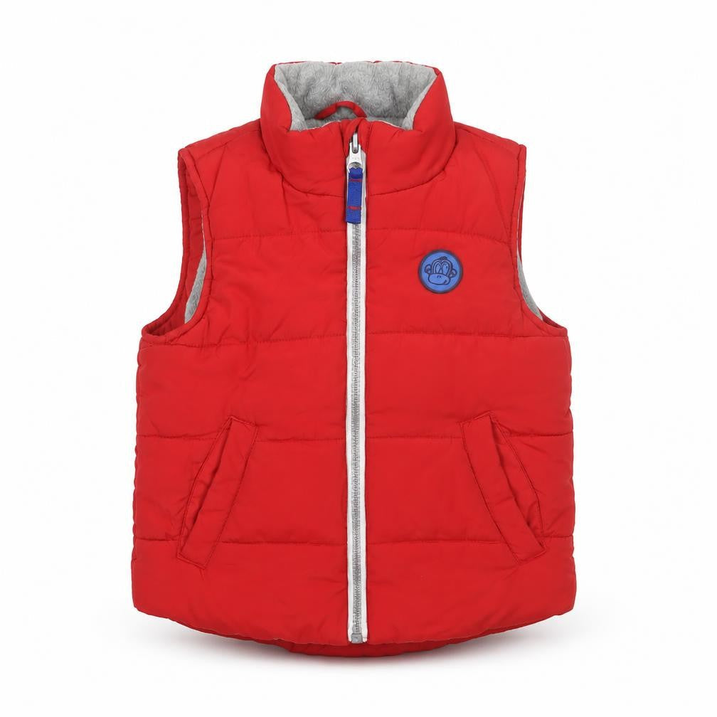Front view of Blue Zoo boys’ red gilet jacket, size 2-3, years zip
