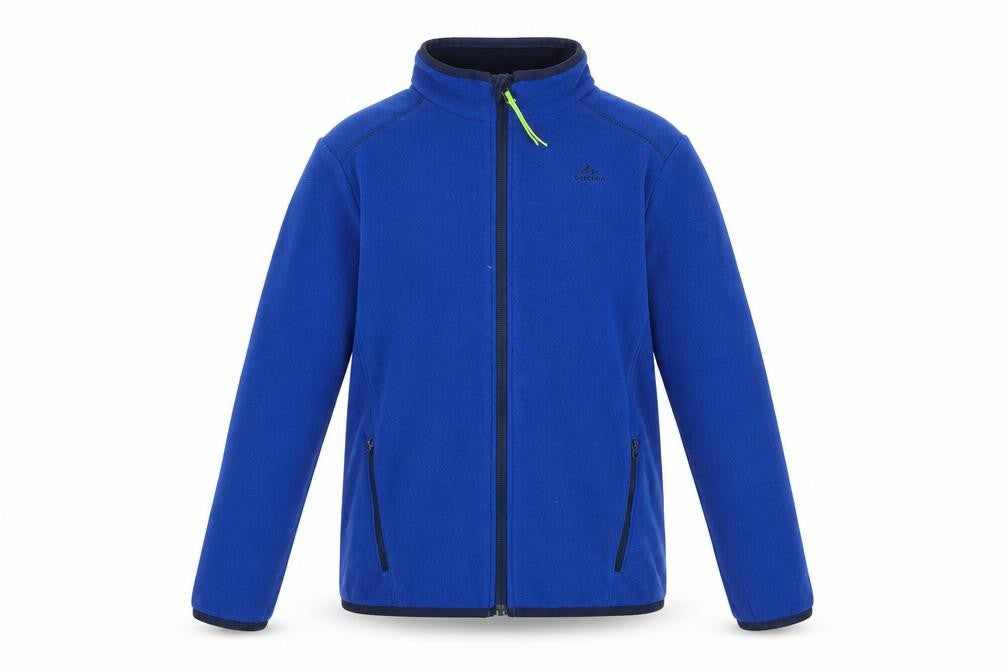 Front view of Decathlon boys’ blue jacket, size 12-13, years zip - quechua