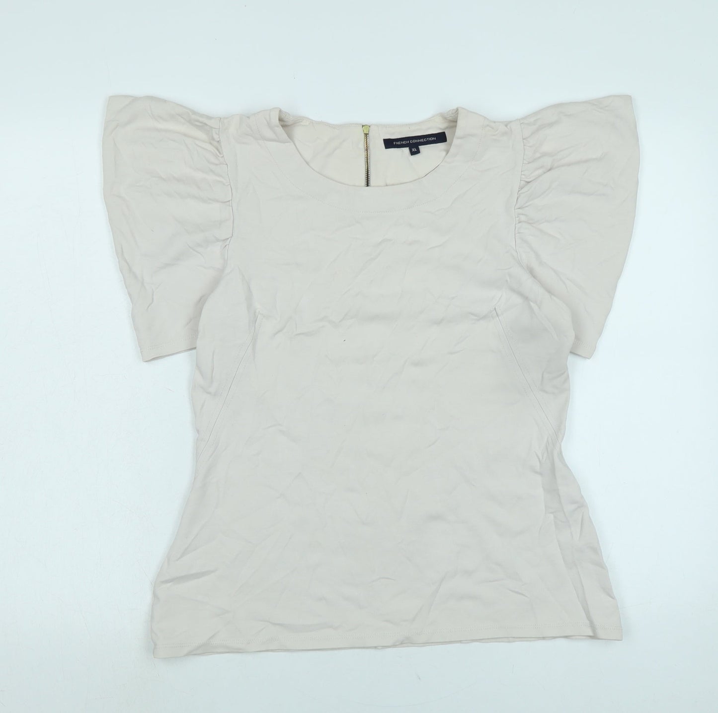 French Connection Womens Beige Cotton Jersey Blouse Size XL Crew Neck - Logo