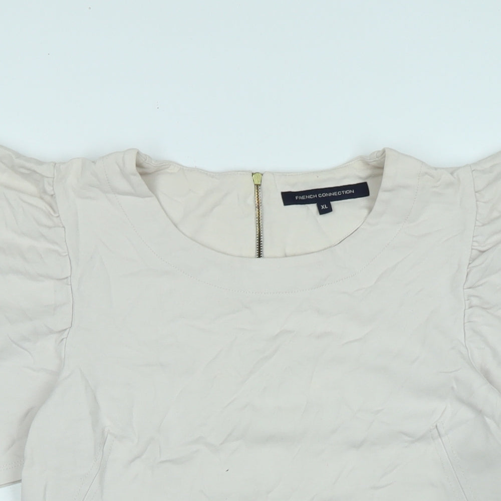 French Connection Womens Beige Cotton Jersey Blouse Size XL Crew Neck - Logo