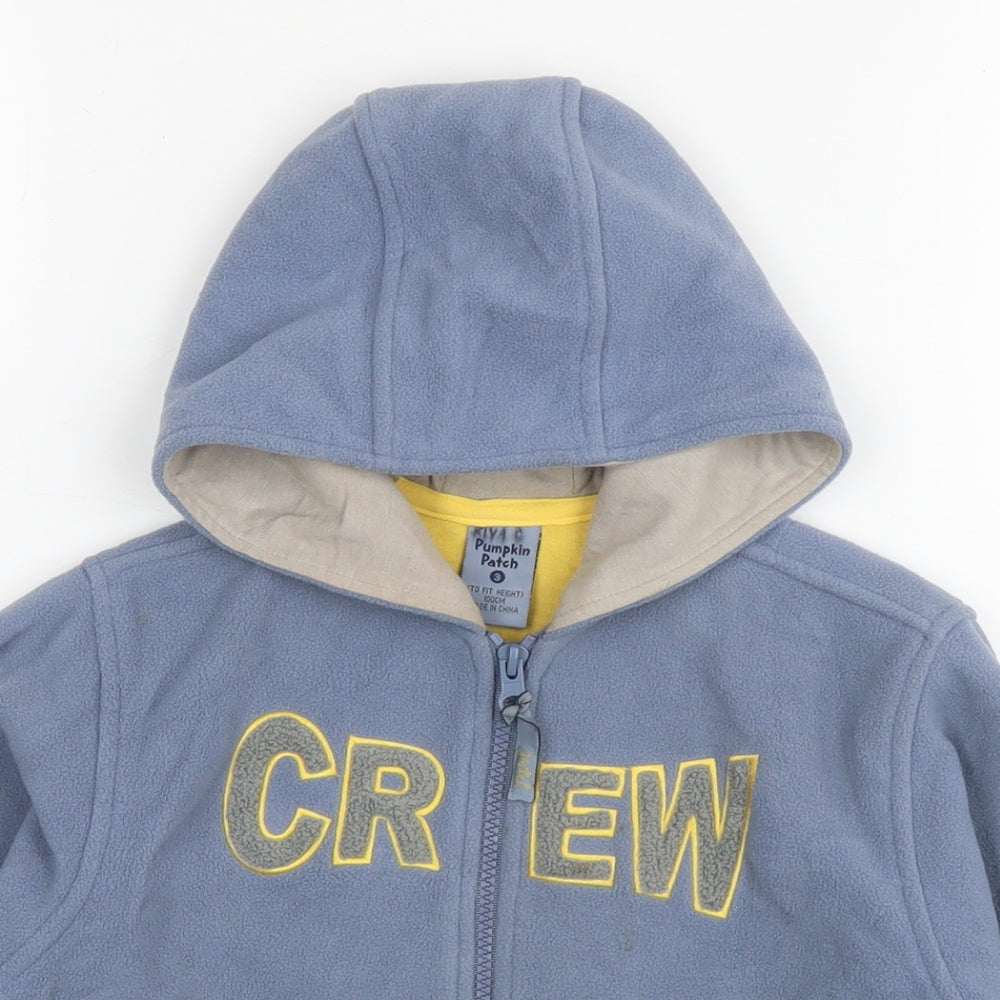 Close-up detail of Pumpkin Patch boys’ blue jacket, size 3, years zip - crew