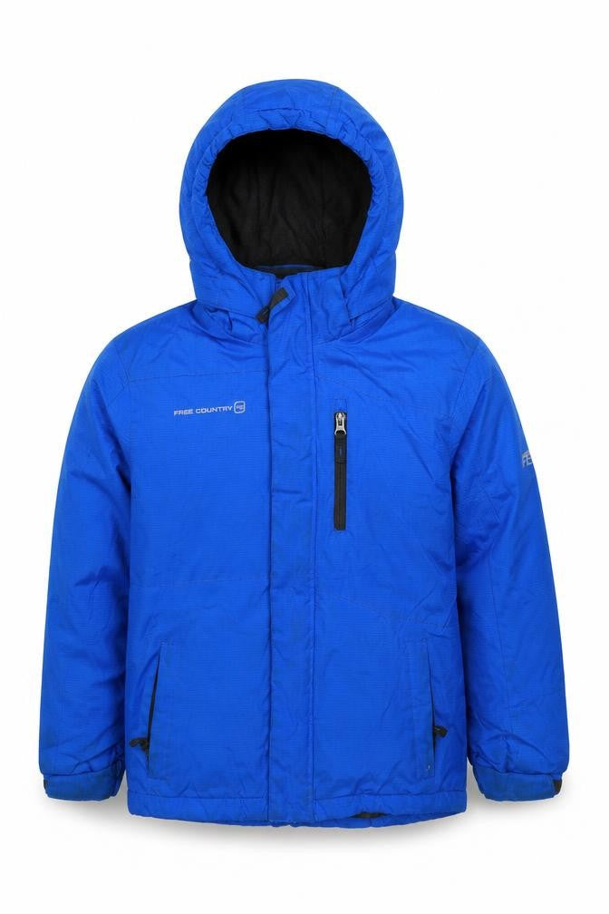 Front view of Free Country boys’ blue jacket, size 7-8, years zip