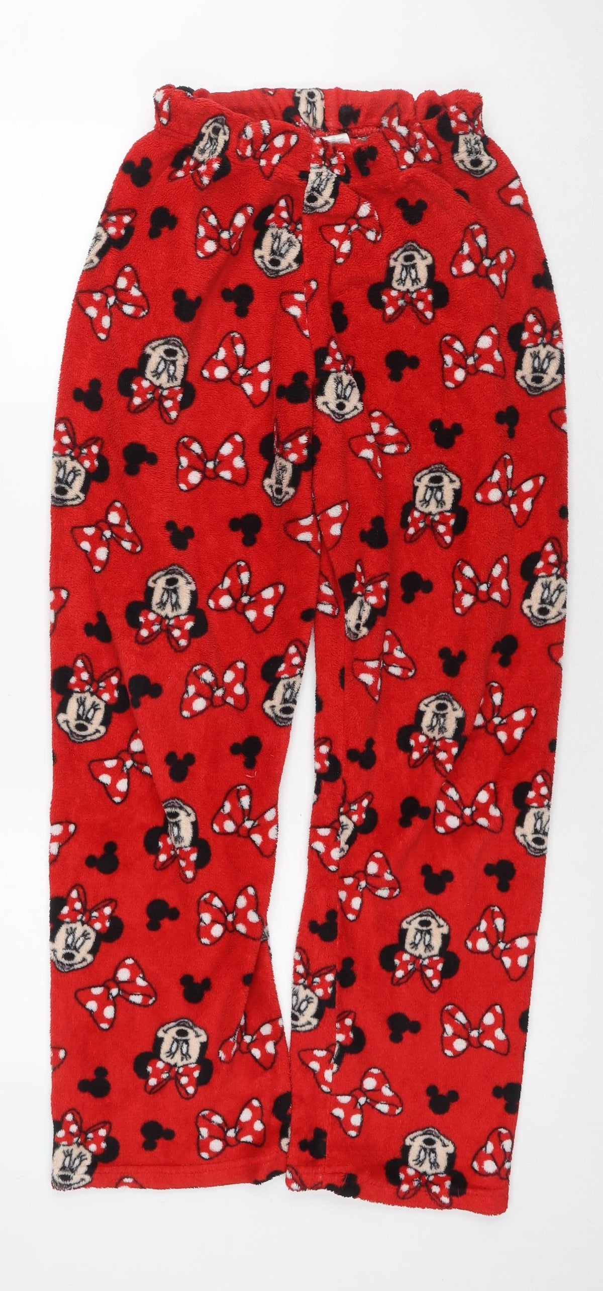 Front view of Minnie Mouse women’s red solid polyester capri lounge pants, size UK 6, - w-24', l-27' logo