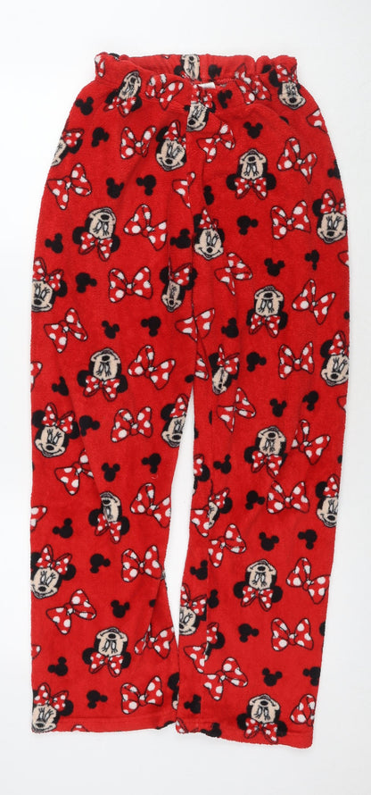 Front view of Minnie Mouse women’s red solid polyester capri lounge pants, size UK 6, - w-24', l-27' logo