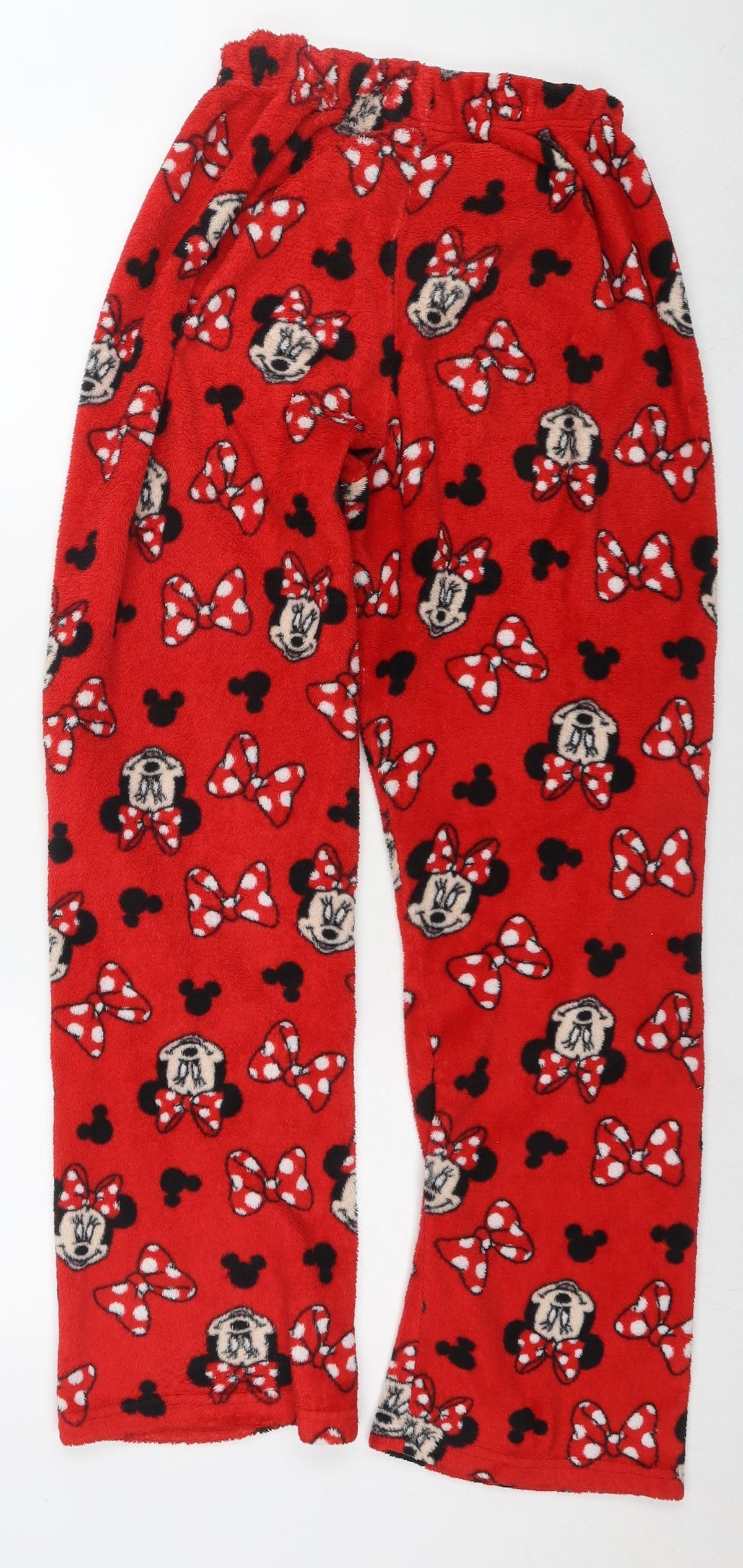 Back view of Minnie Mouse women’s red solid polyester capri lounge pants, size UK 6, - w-24', l-27' logo