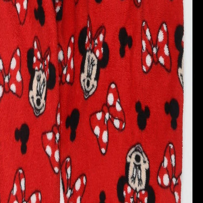 Brand and care label for Minnie Mouse women’s red solid polyester capri lounge pants, size UK 6, - w-24', l-27' logo