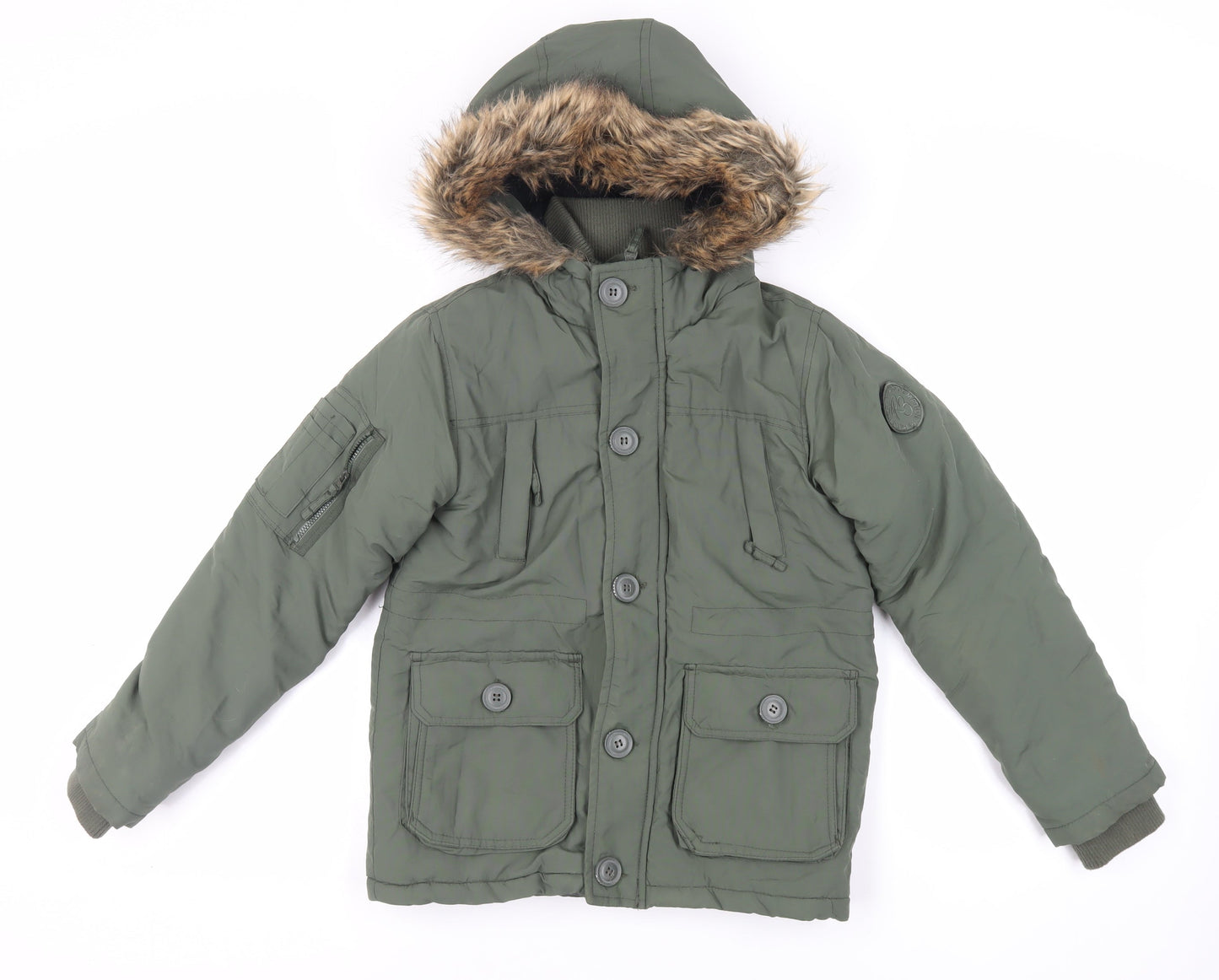 Ripstop Boys Green Jacket Size M Zip - Faux Fur Trim