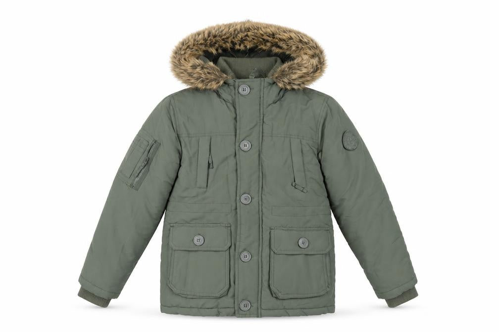 Front view of Ripstop boys’ green jacket, size M, zip - faux fur trim