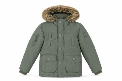 Front view of Ripstop boys’ green jacket, size M, zip - faux fur trim