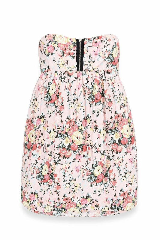 Front view of ICHI women’s pink floral cotton mini, size S, off the shoulder zip