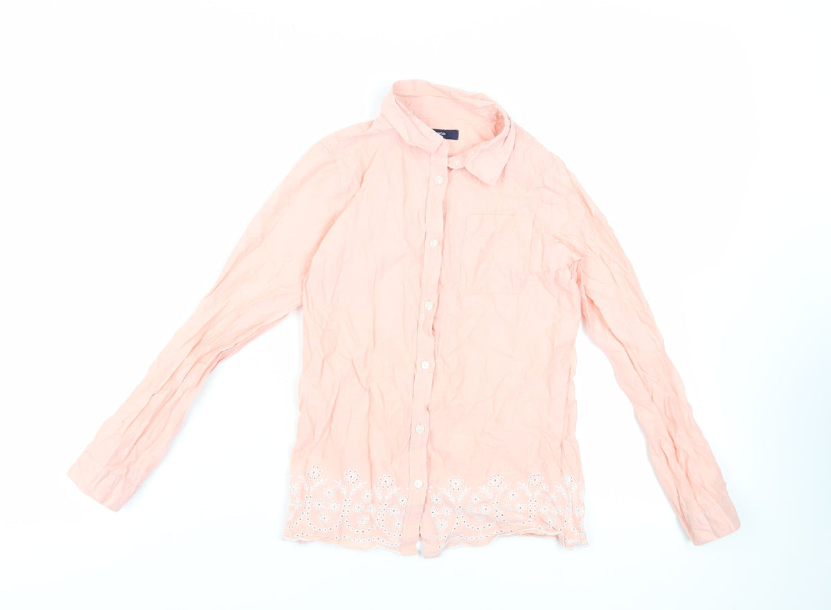 Additional front view of Gap girls’ pink cotton basic button-up, size 8-9, years collared button - broderie anglaise