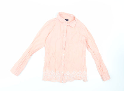Additional front view of Gap girls’ pink cotton basic button-up, size 8-9, years collared button - broderie anglaise