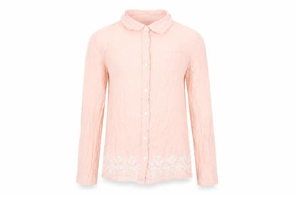 Front view of Gap girls’ pink cotton basic button-up, size 8-9, years collared button - broderie anglaise