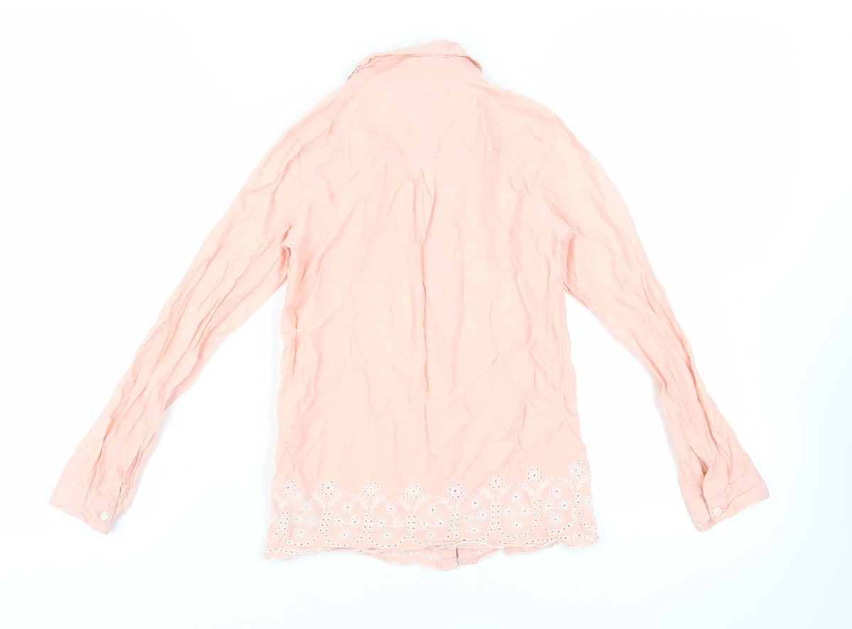 Back view of Gap girls’ pink cotton basic button-up, size 8-9, years collared button - broderie anglaise