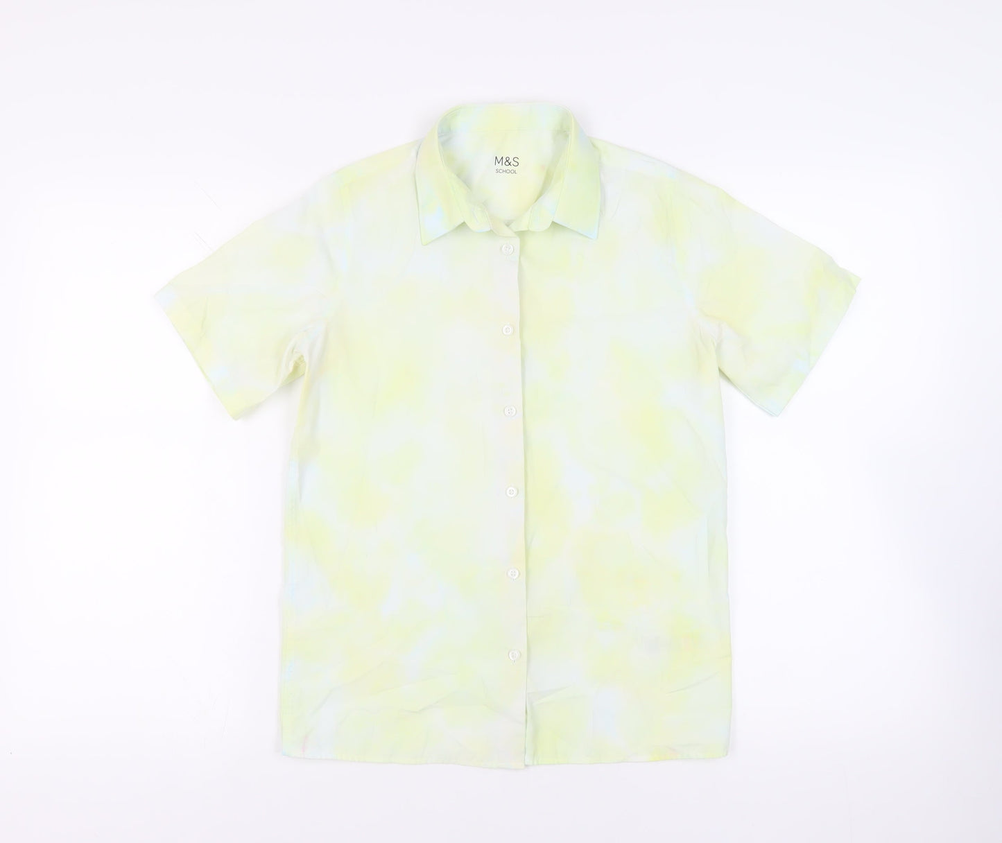 Marks and Spencer Girls Yellow Cotton Basic Button-Up Size 13-14 Years Collared Button - Tie Dye