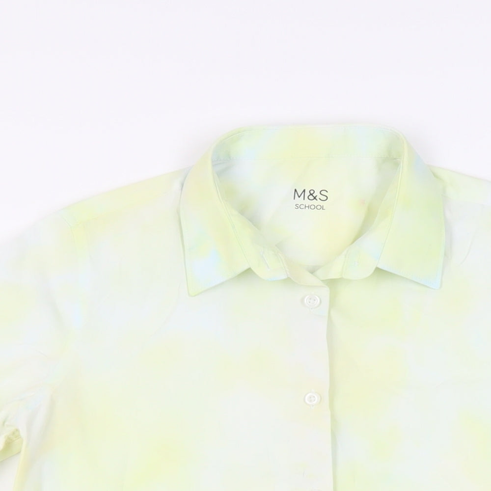 Marks and Spencer Girls Yellow Cotton Basic Button-Up Size 13-14 Years Collared Button - Tie Dye