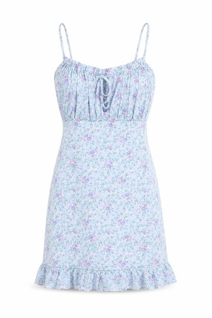 Pink Vanilla Womens Blue Floral Polyester Mini Size 6 Scoop Neck Pullover - Ruffle