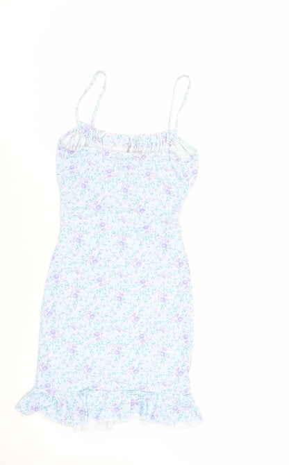 Pink Vanilla Womens Blue Floral Polyester Mini Size 6 Scoop Neck Pullover - Ruffle