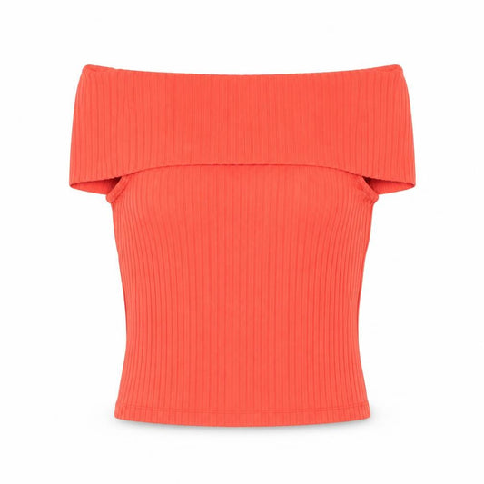 Front view of ASOS women’s orange polyester cropped blouse, size UK 6, off the shoulder - ribbed