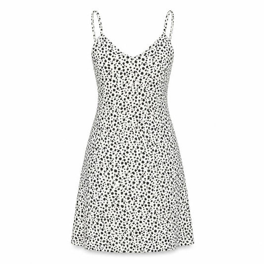 Front view of Missguided women’s white polka dot polyester a-line, size UK 8, v-neck