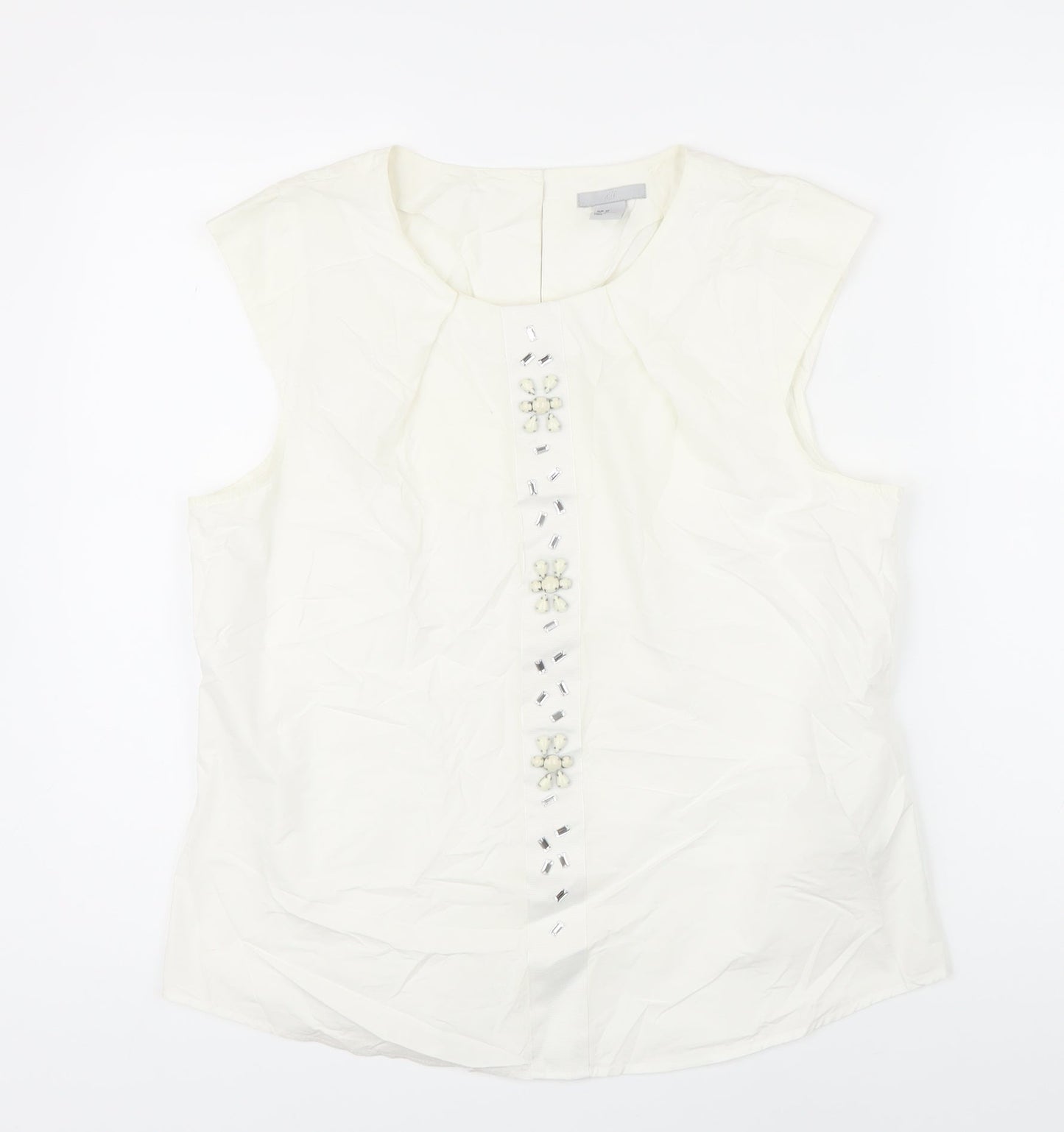 H&M Womens Ivory 100% Cotton Tunic Blouse Size 42 Scoop Neck - Beaded Detail