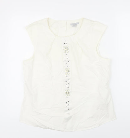 H&M Womens Ivory 100% Cotton Tunic Blouse Size 42 Scoop Neck - Beaded Detail