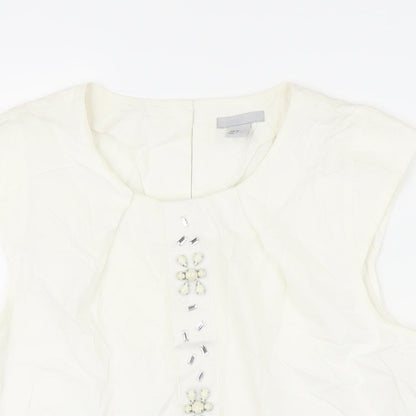 H&M Womens Ivory 100% Cotton Tunic Blouse Size 42 Scoop Neck - Beaded Detail