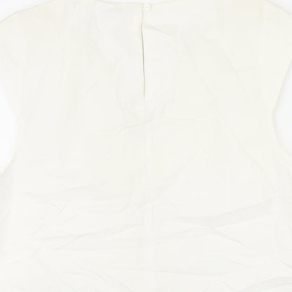 H&M Womens Ivory 100% Cotton Tunic Blouse Size 42 Scoop Neck - Beaded Detail